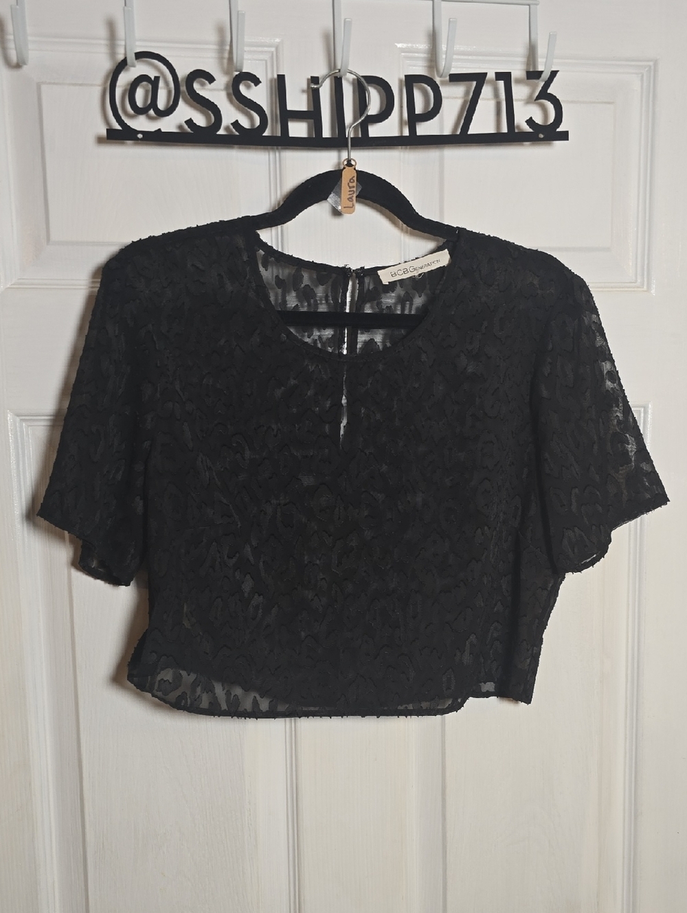 BCBG BCBGeneration M Medium Black Sheer Animal Print Sheer Lace Crop Top